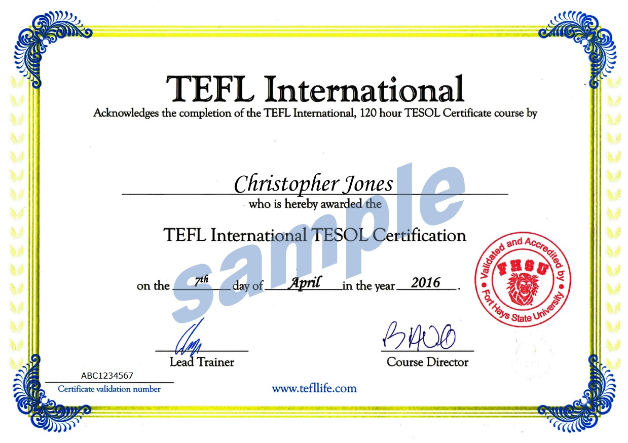 Sample TEFL Certificate with ITTT